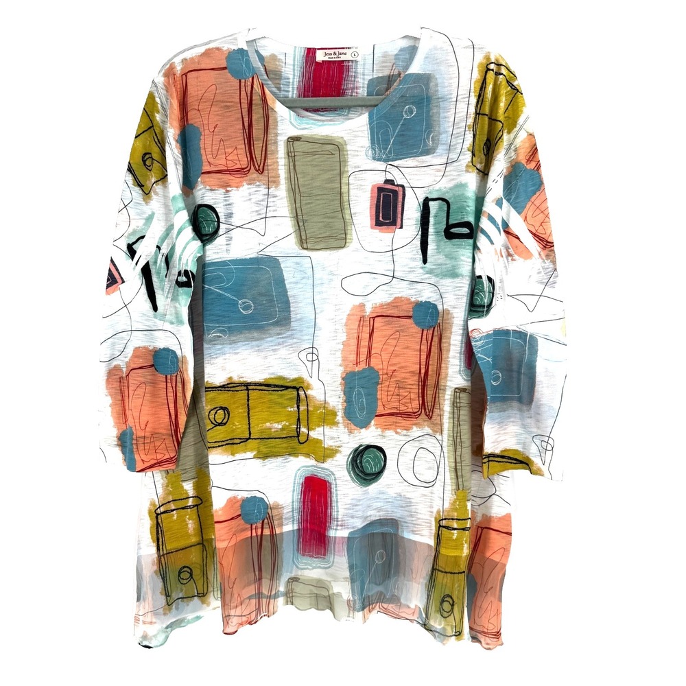 Jess & Jane Abstract Tunic Top Women's Large Colorful Artsy 3/4 Sleeve USA Made - Picture 1 of 7